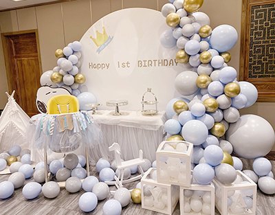 男宝宝一岁生日马卡蓝灰金色气球包房背景布置